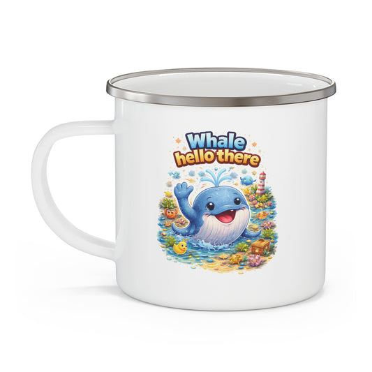 Enamel Camping Mug — Colorful Floral Whale Camper Design (for left handers)