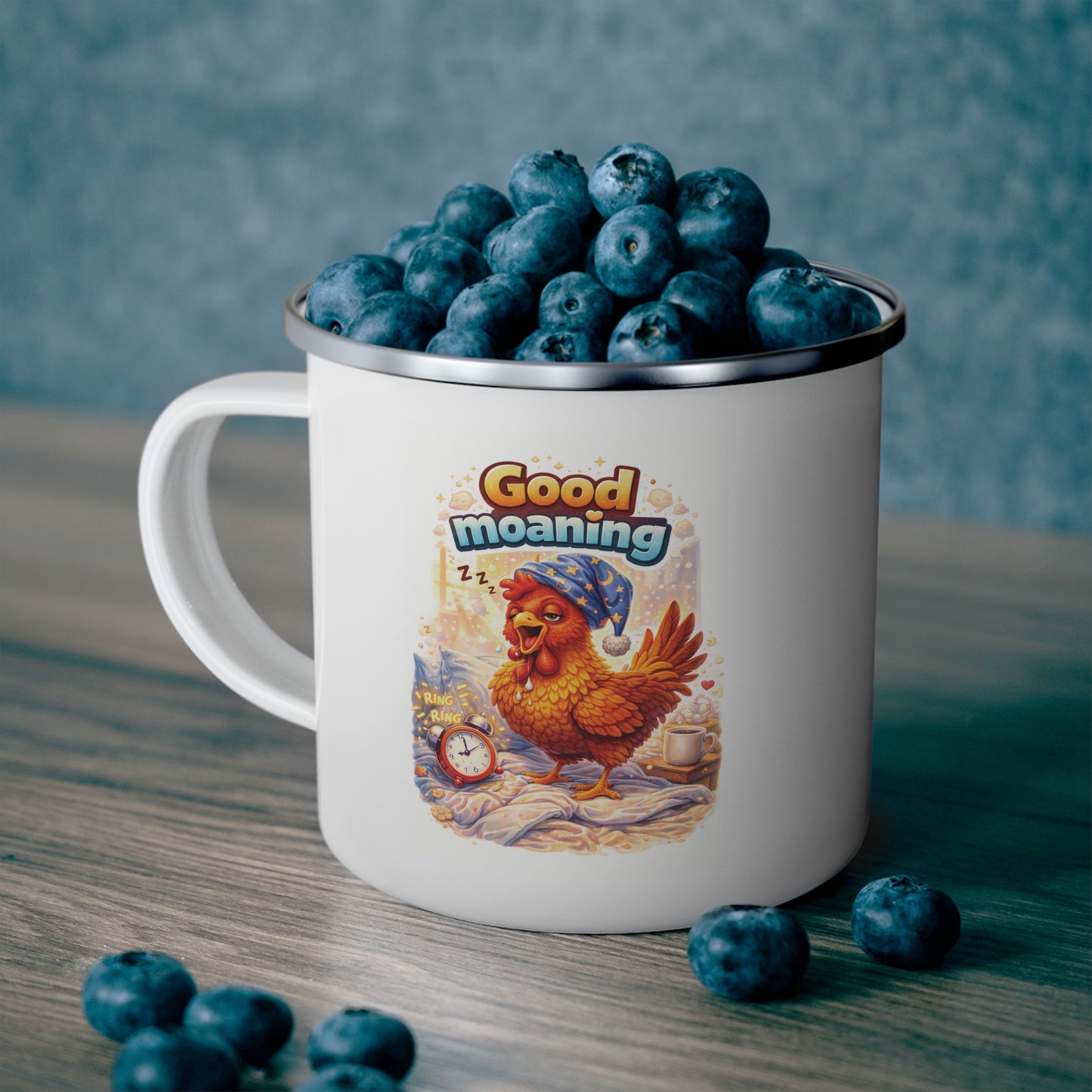 "Good Moaning" Funny Rooster Coffee Mug - Morning Person Pun Gift for Coffee Lovers - Enamel Camping Mug 12oz