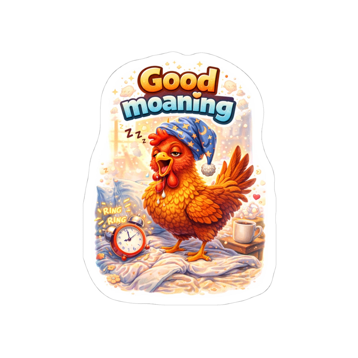 "Good Moaning" Funny Rooster Sticker - Coffee Lover Vinyl Decal - Not a Morning Person Laptop Sticker for Water Bottle