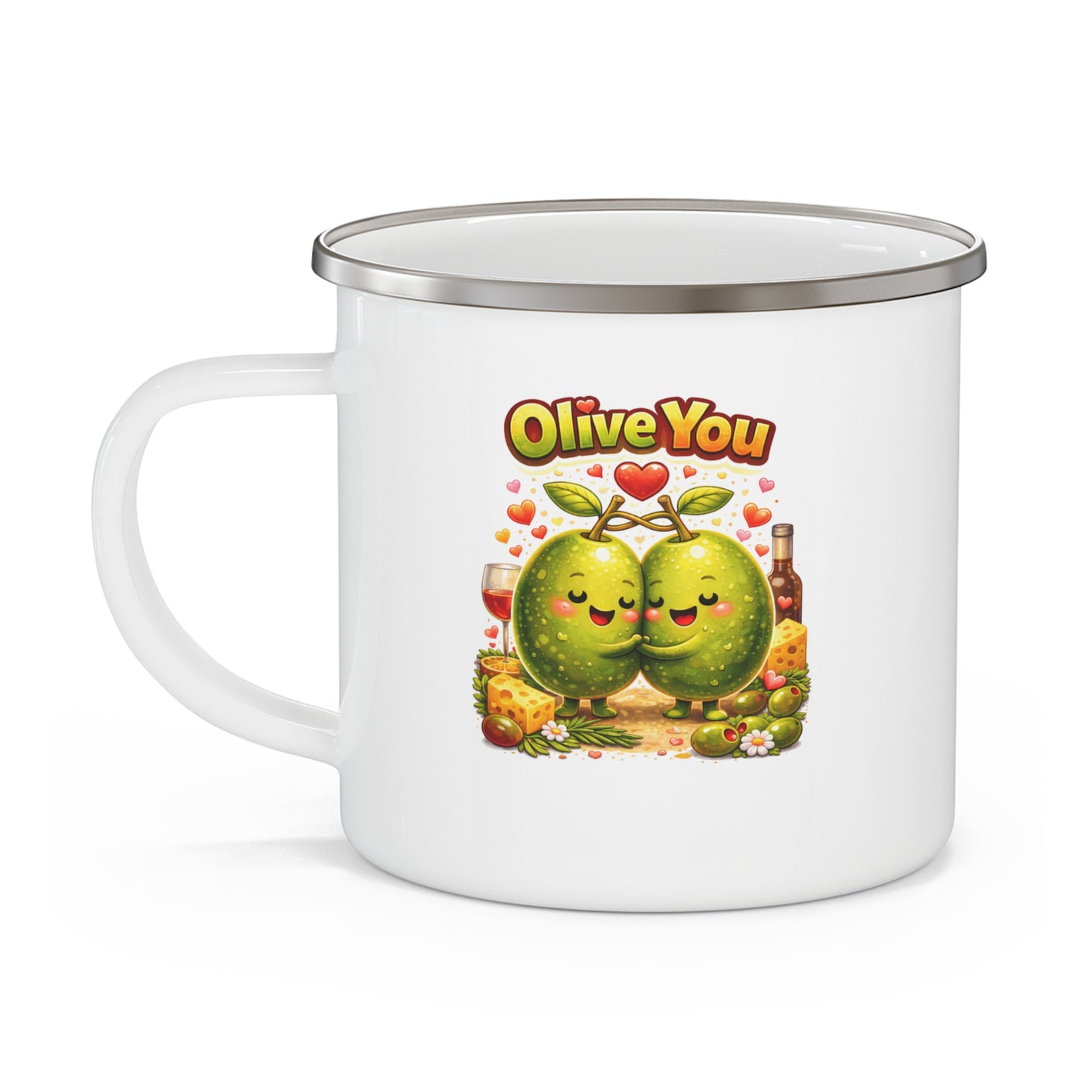 "Olive You" Pun Enamel Camping Mug | Funny Food Wordplay Coffee Cup Gift for Girlfriend | Cute Valentine's Day Mug for Outdoors
