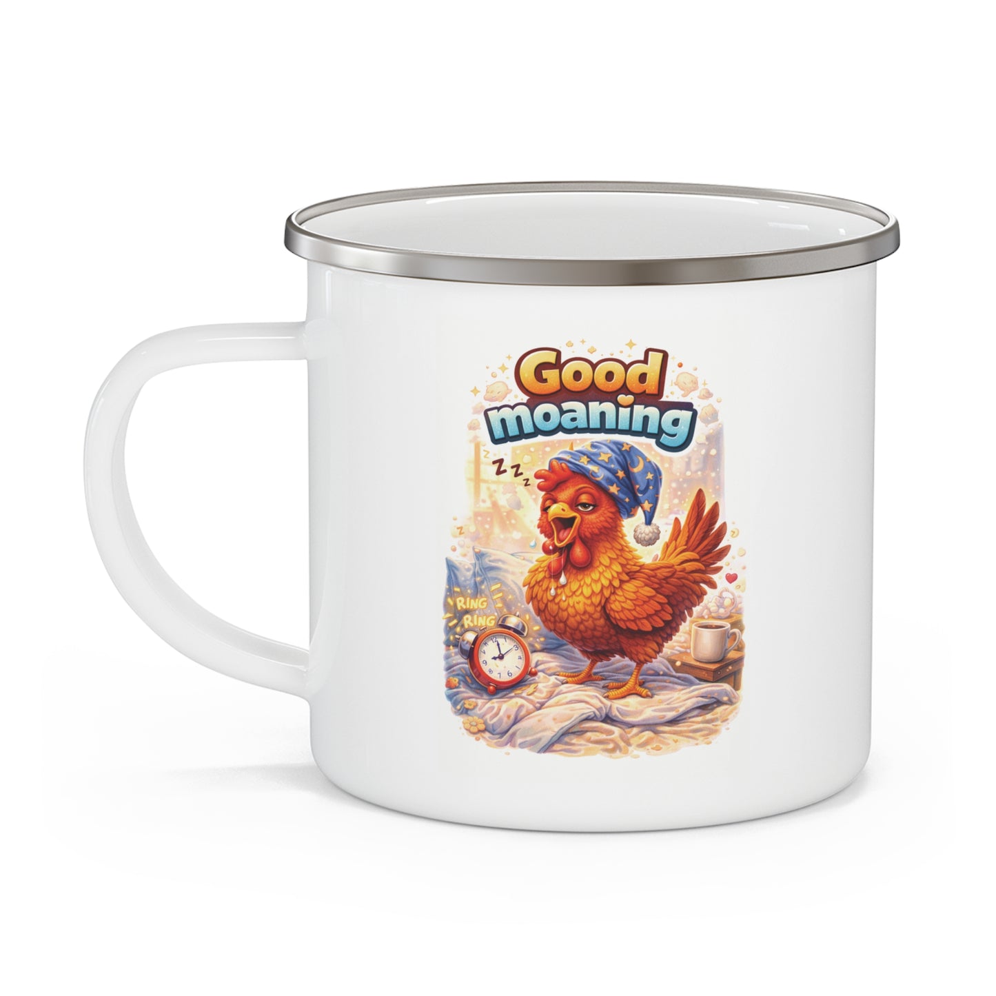"Good Moaning" Funny Rooster Coffee Mug - Morning Person Pun Gift for Coffee Lovers - Enamel Camping Mug 12oz