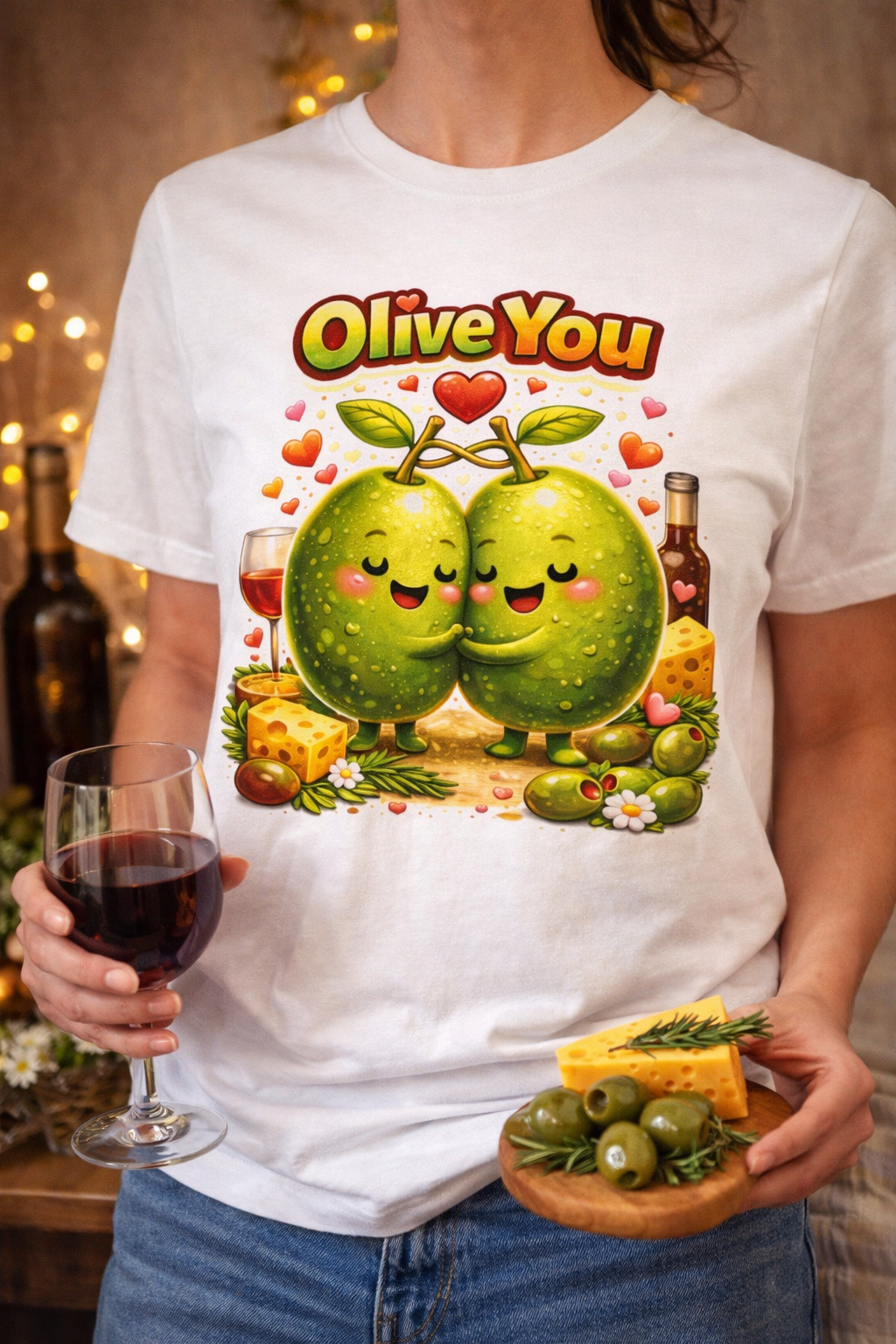 "Olive You" Pun T-Shirt for Women | Funny Food Wordplay Graphic Tee Gift for Girlfriend | Cute Valentine's Day Shirt