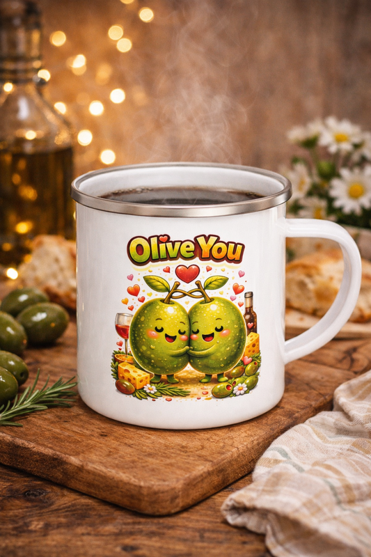 "Olive You" Pun Enamel Camping Mug | Funny Food Wordplay Coffee Cup Gift for Girlfriend | Cute Valentine's Day Mug for Outdoors