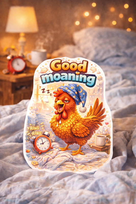 "Good Moaning" Funny Rooster Sticker - Coffee Lover Vinyl Decal - Not a Morning Person Laptop Sticker for Water Bottle