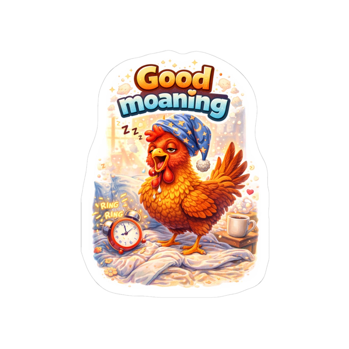 "Good Moaning" Funny Rooster Sticker - Coffee Lover Vinyl Decal - Not a Morning Person Laptop Sticker for Water Bottle