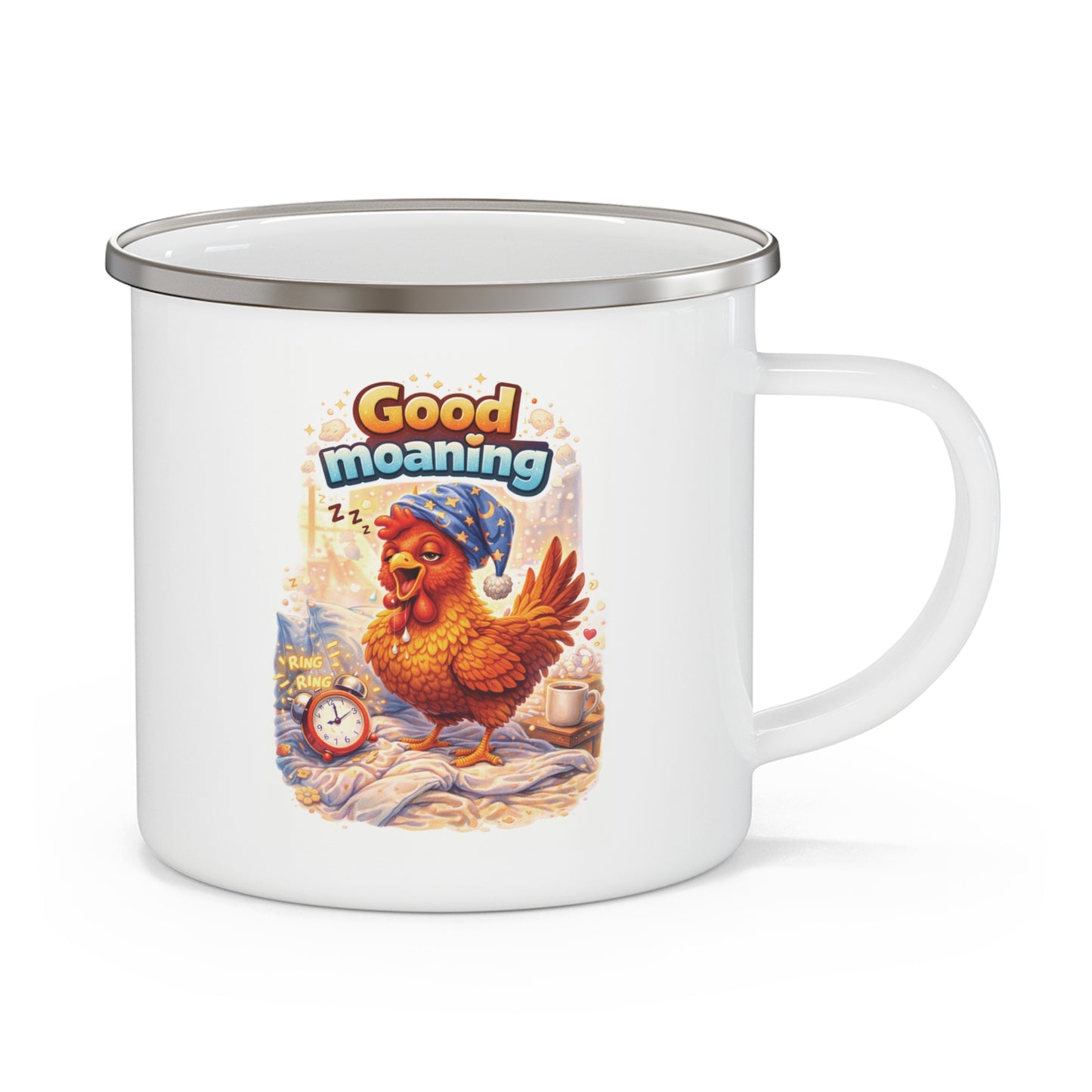 "Good Moaning" Funny Rooster Coffee Mug - Morning Person Pun Gift for Coffee Lovers - Enamel Camping Mug 12oz