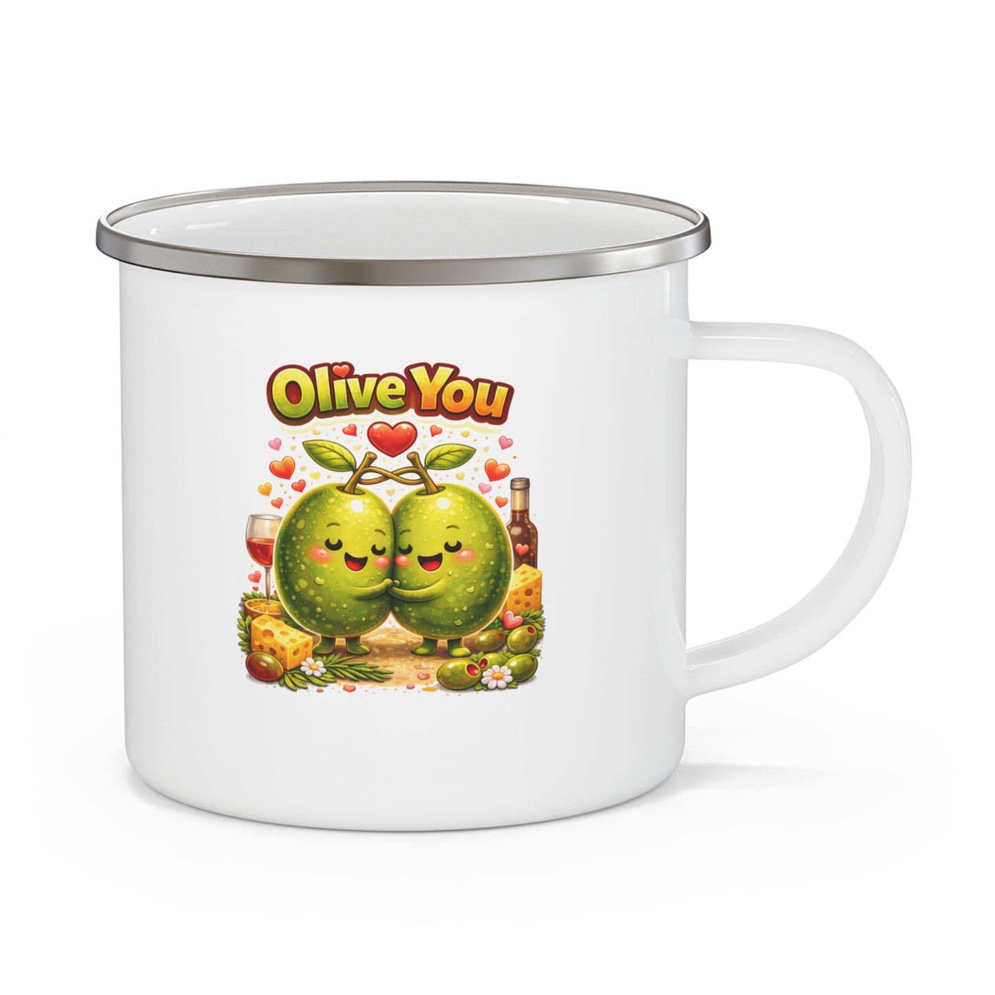 "Olive You" Pun Enamel Camping Mug | Funny Food Wordplay Coffee Cup Gift for Girlfriend | Cute Valentine's Day Mug for Outdoors